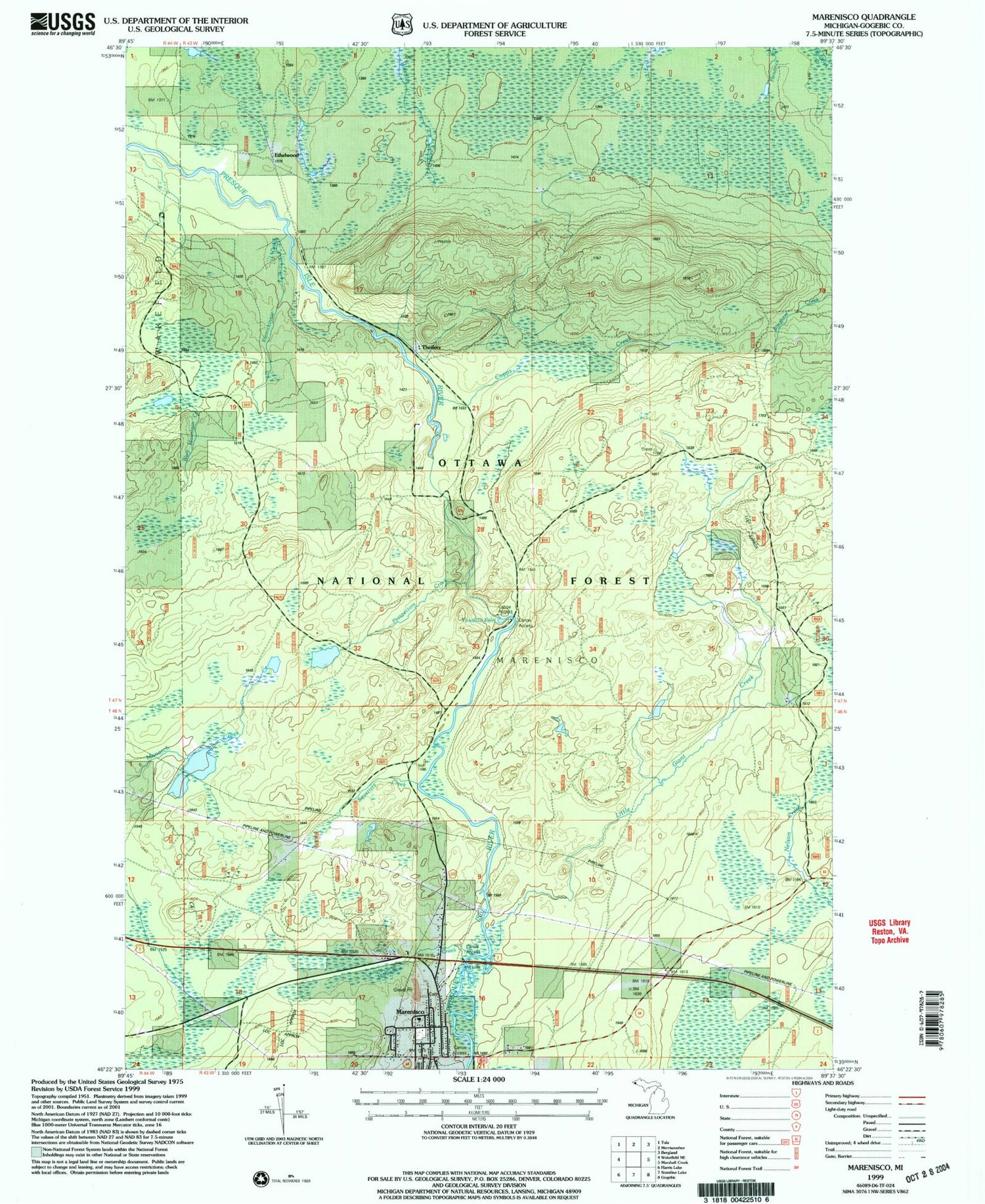 Classic USGS Marenisco Michigan 7.5'x7.5' Topo Map Image