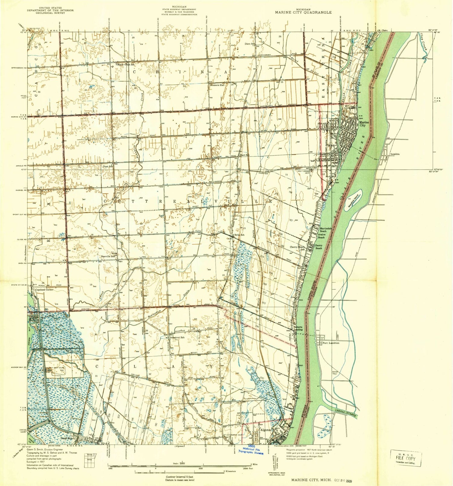 Classic USGS Marine City Michigan 7.5'x7.5' Topo Map Image