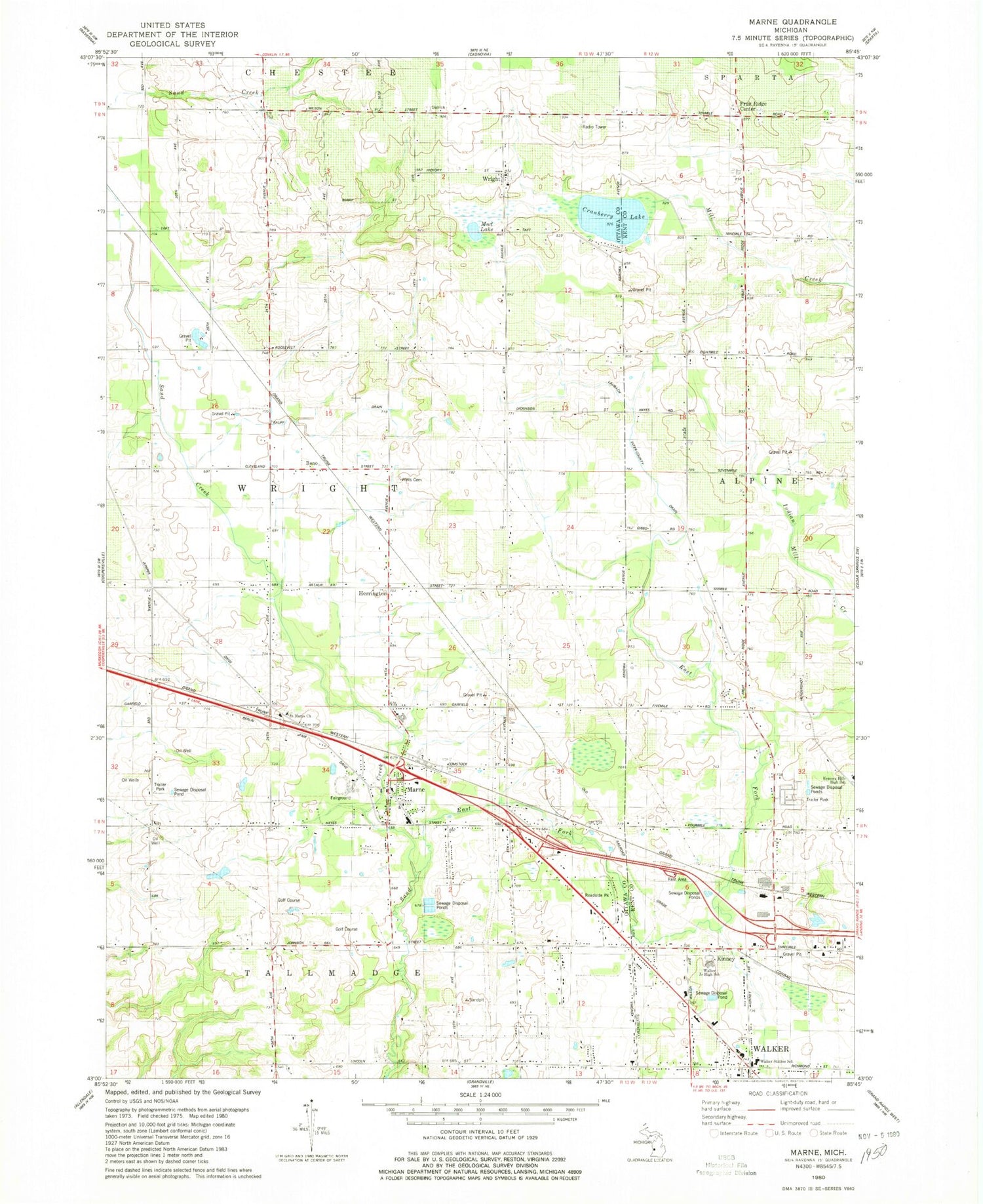 Classic USGS Marne Michigan 7.5'x7.5' Topo Map Image