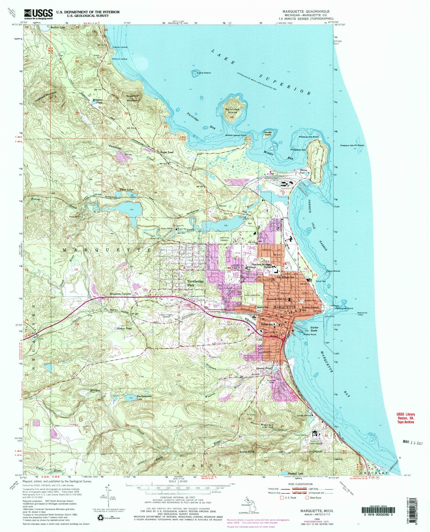 Classic USGS Marquette Michigan 7.5'x7.5' Topo Map Image
