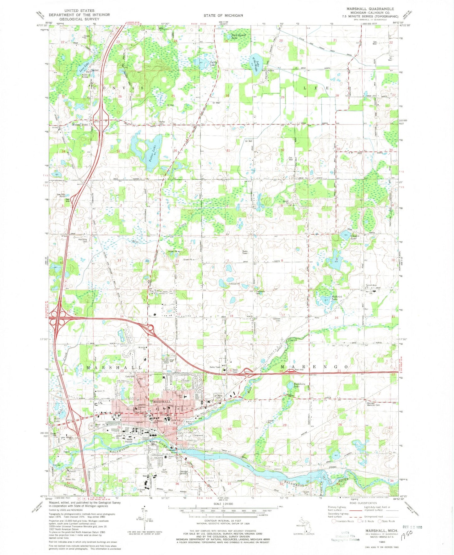 Classic USGS Marshall Michigan 7.5'x7.5' Topo Map Image