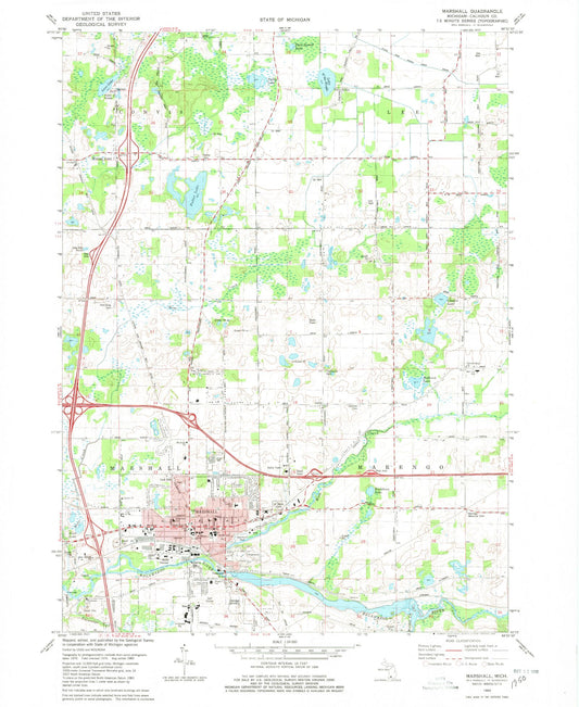 Classic USGS Marshall Michigan 7.5'x7.5' Topo Map Image