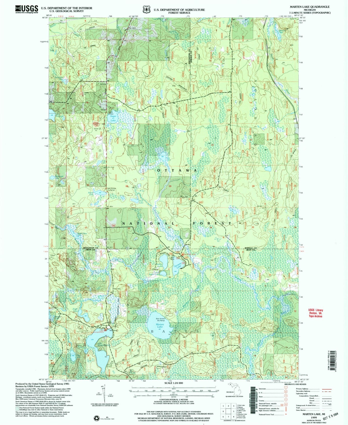 Classic USGS Marten Lake Michigan 7.5'x7.5' Topo Map Image