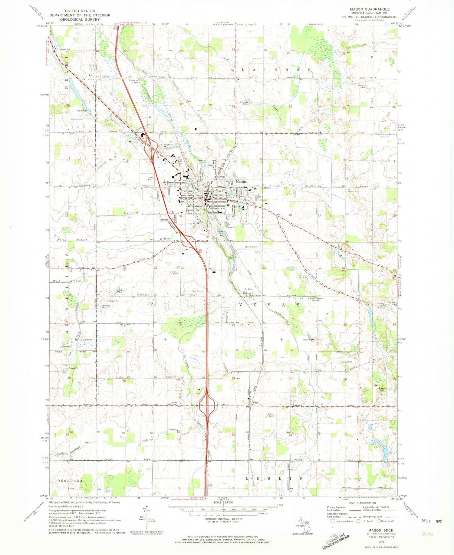 Classic USGS Mason Michigan 7.5'x7.5' Topo Map Image