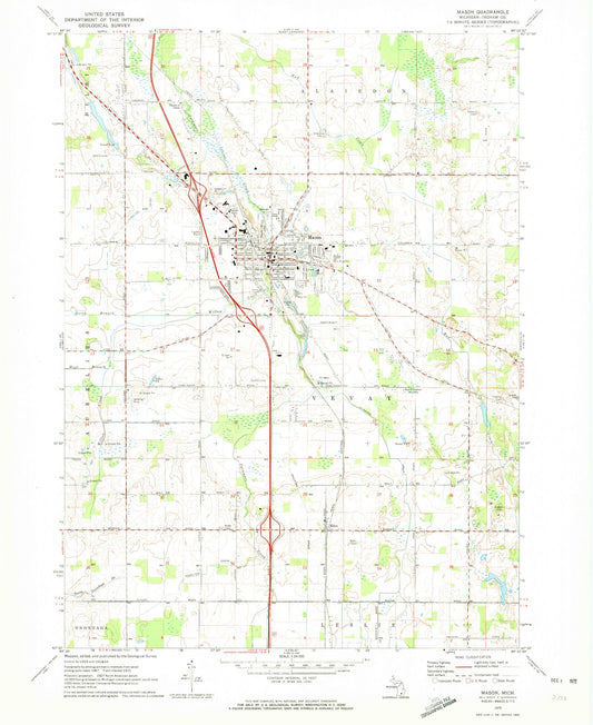 Classic USGS Mason Michigan 7.5'x7.5' Topo Map Image