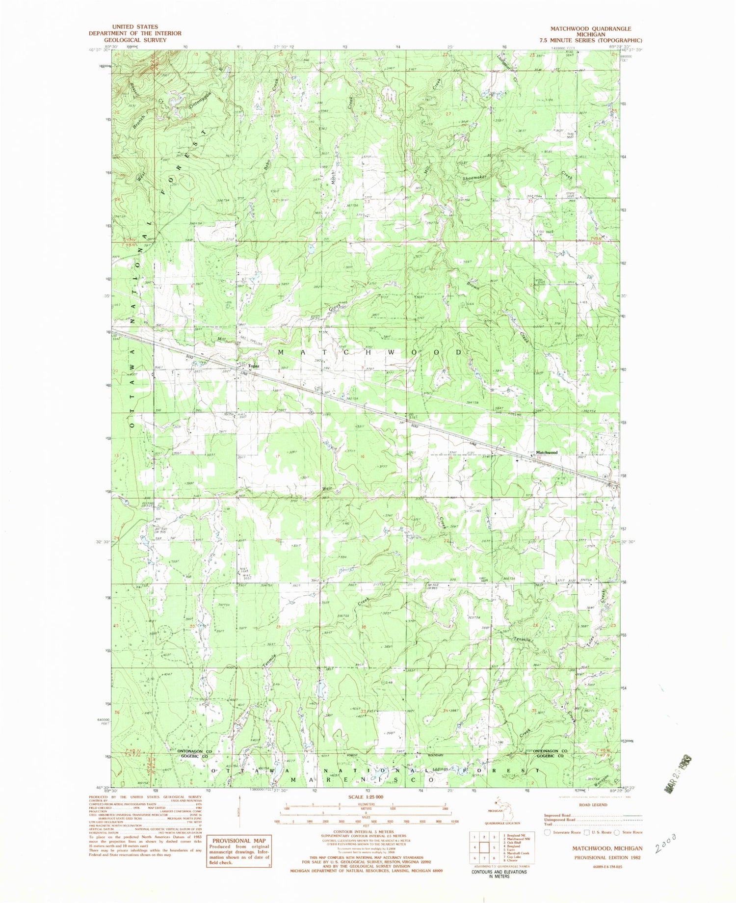 Classic USGS Matchwood Michigan 7.5'x7.5' Topo Map Image