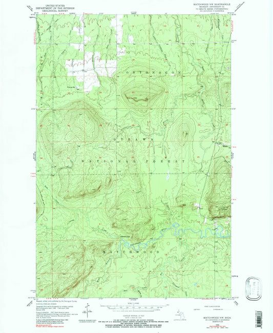 Classic USGS Matchwood NW Michigan 7.5'x7.5' Topo Map Image