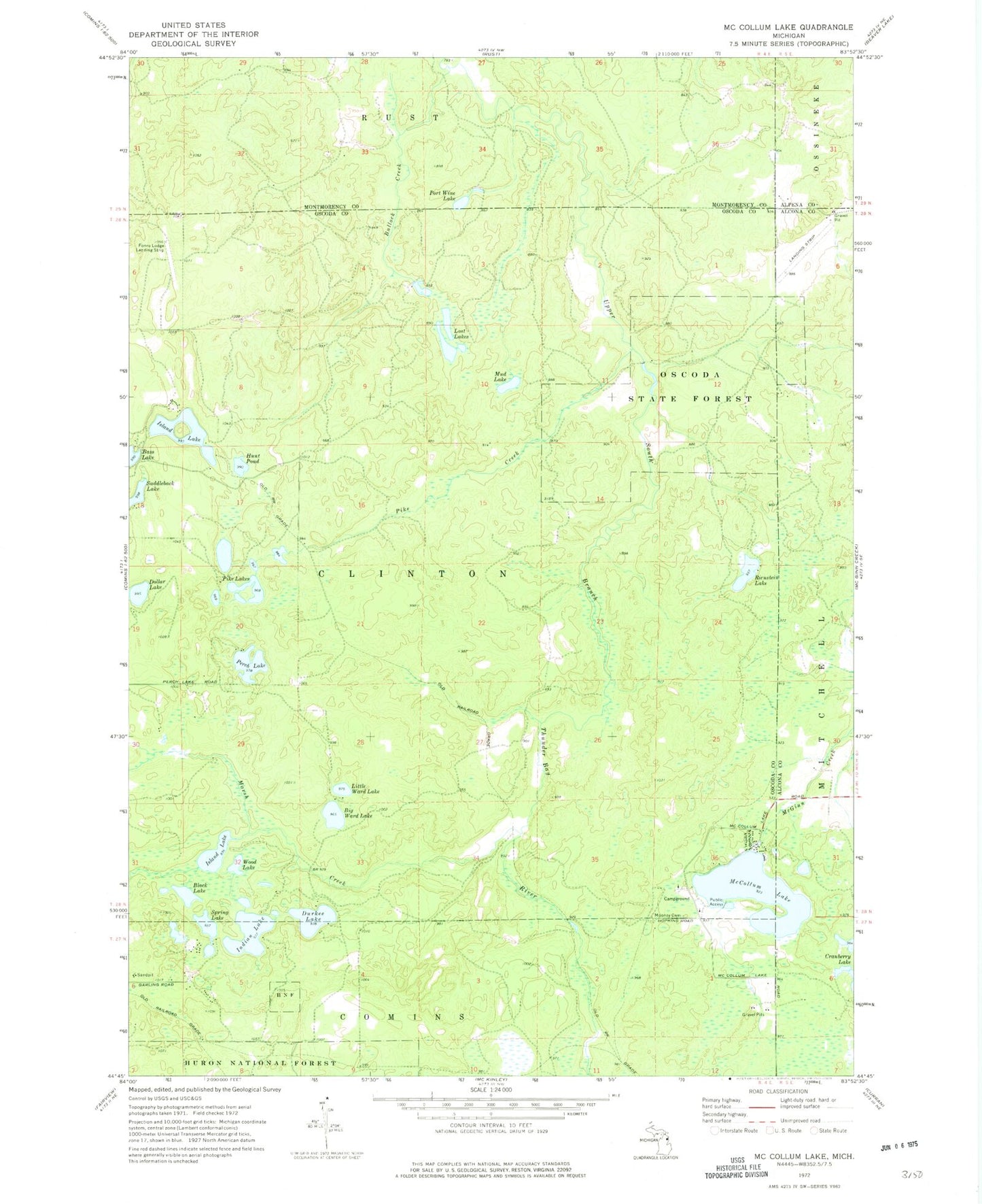 Classic USGS McCollum Lake Michigan 7.5'x7.5' Topo Map Image