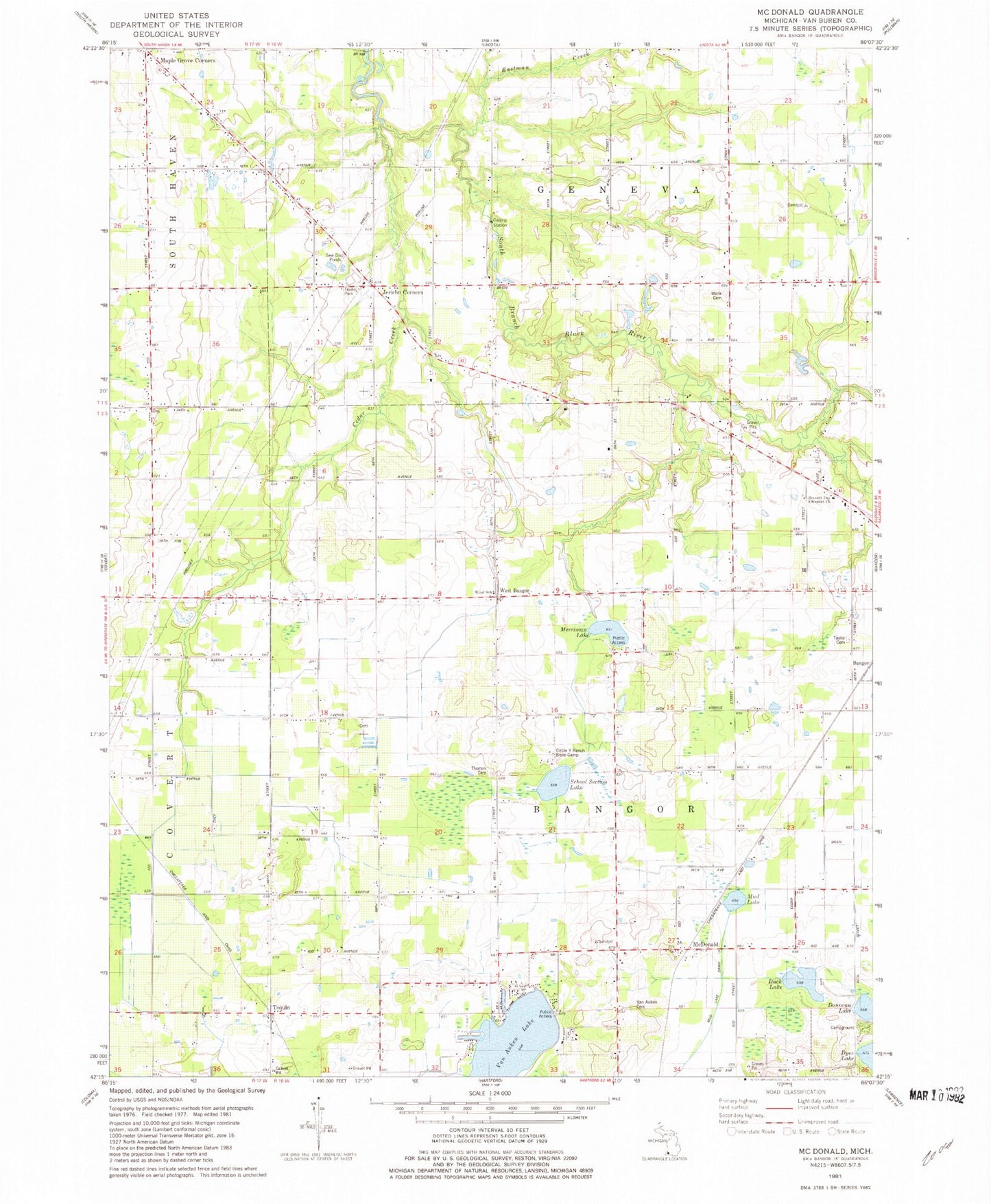 Classic USGS McDonald Michigan 7.5'x7.5' Topo Map Image