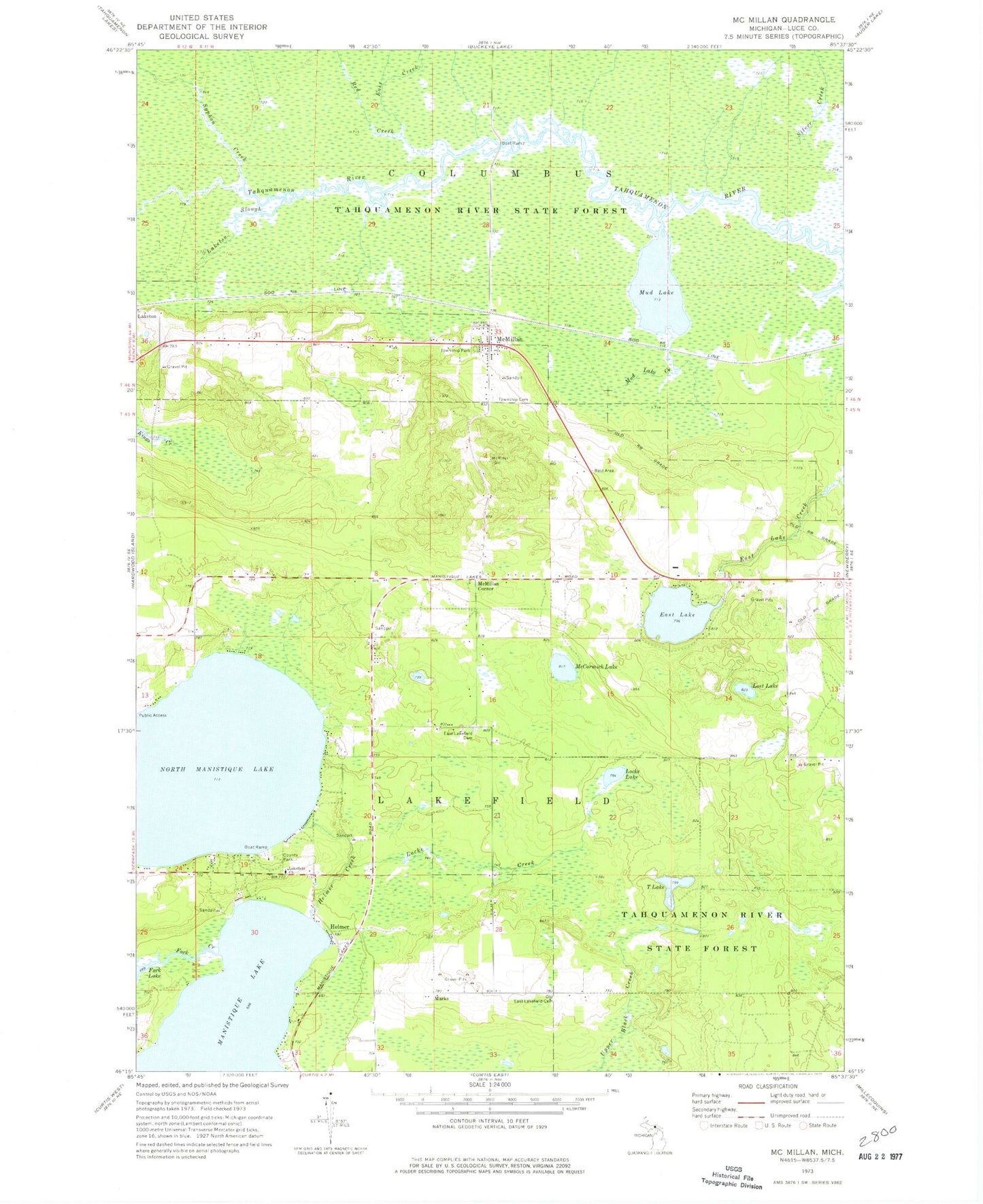 Classic USGS McMillan Michigan 7.5'x7.5' Topo Map Image