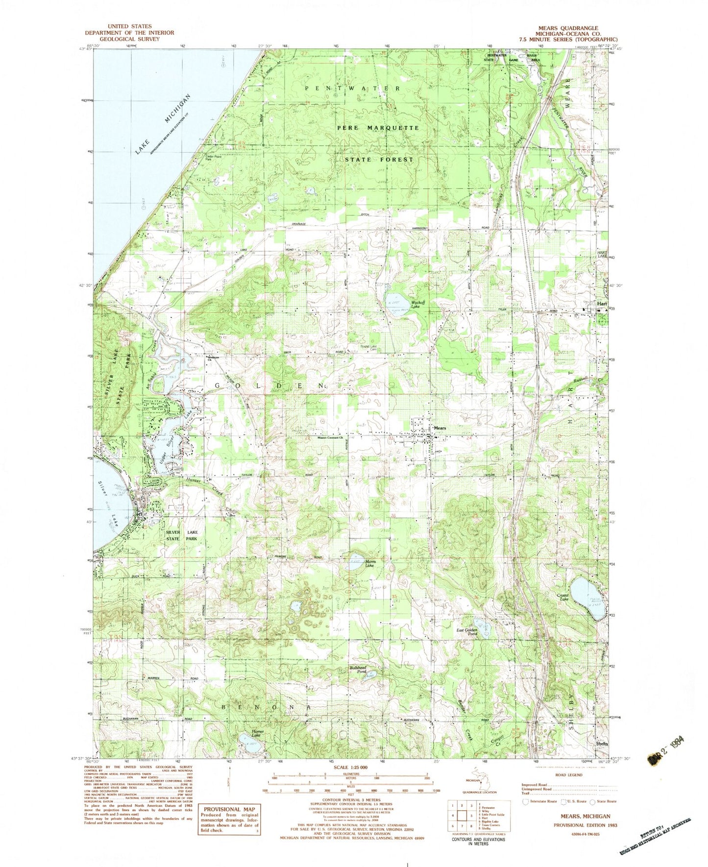 Classic USGS Mears Michigan 7.5'x7.5' Topo Map Image