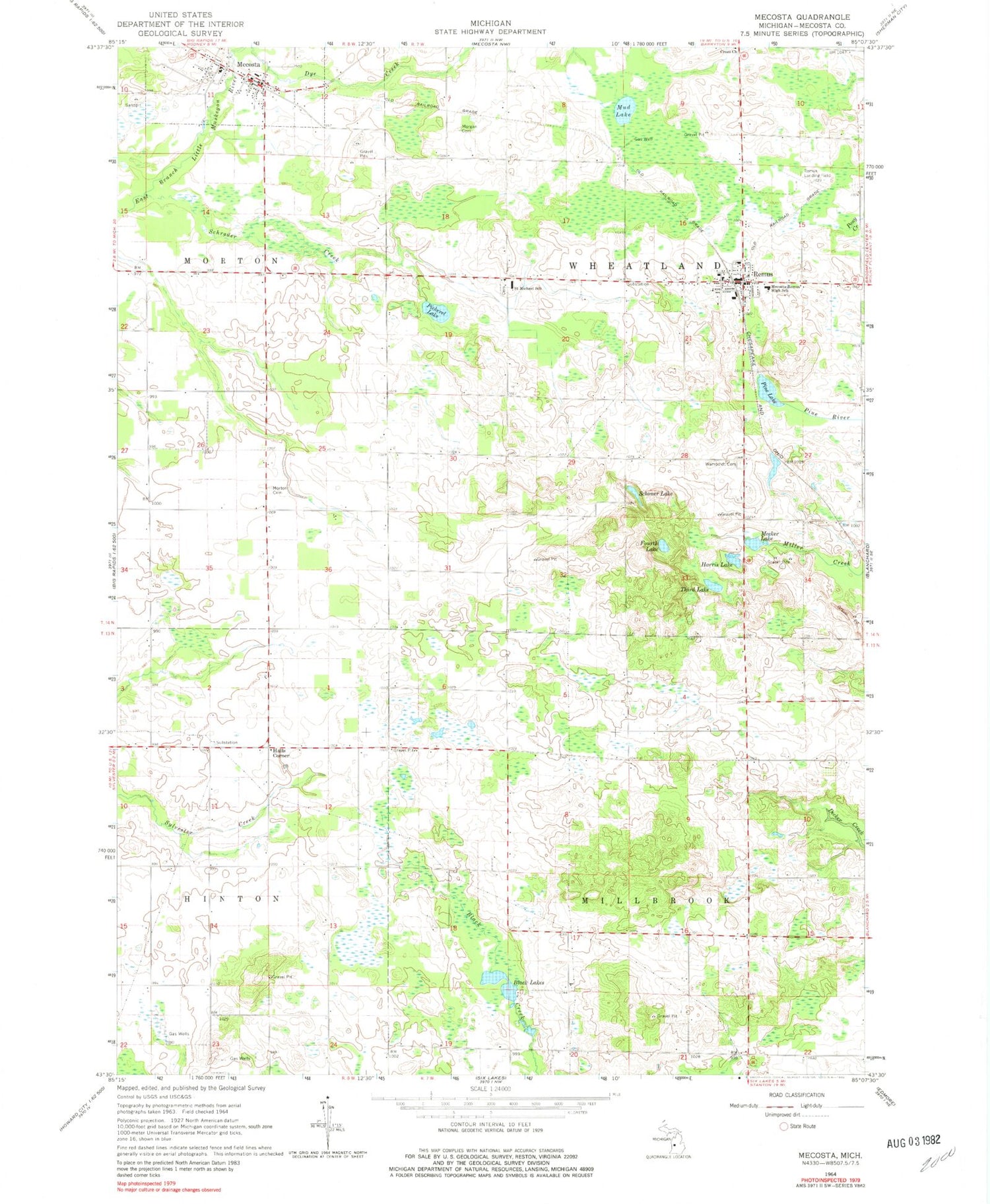 Classic USGS Mecosta Michigan 7.5'x7.5' Topo Map Image
