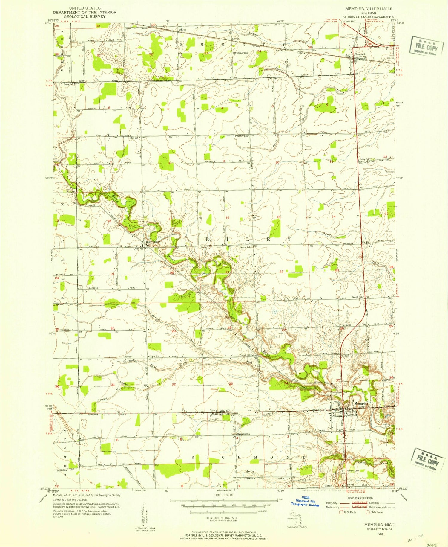 Classic USGS Memphis Michigan 7.5'x7.5' Topo Map Image