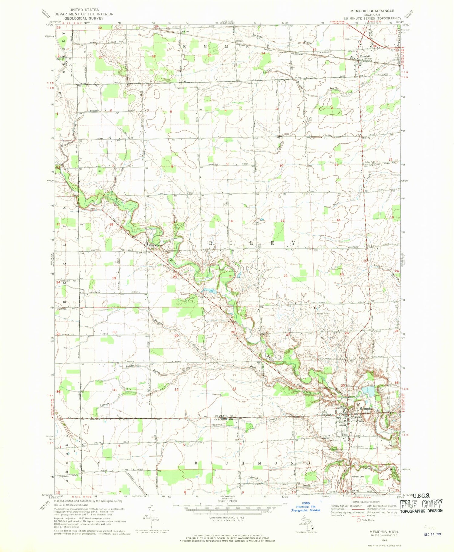 Classic USGS Memphis Michigan 7.5'x7.5' Topo Map Image
