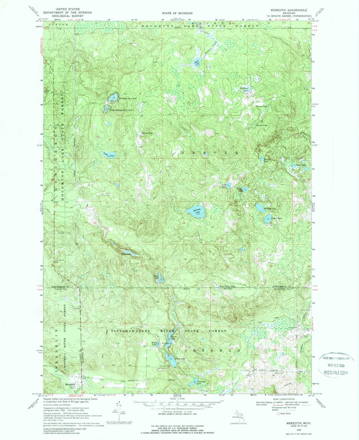 Classic USGS Meredith Michigan 7.5'x7.5' Topo Map Image