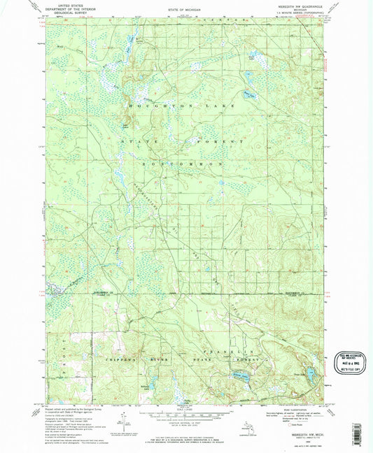 Classic USGS Meredith NW Michigan 7.5'x7.5' Topo Map Image
