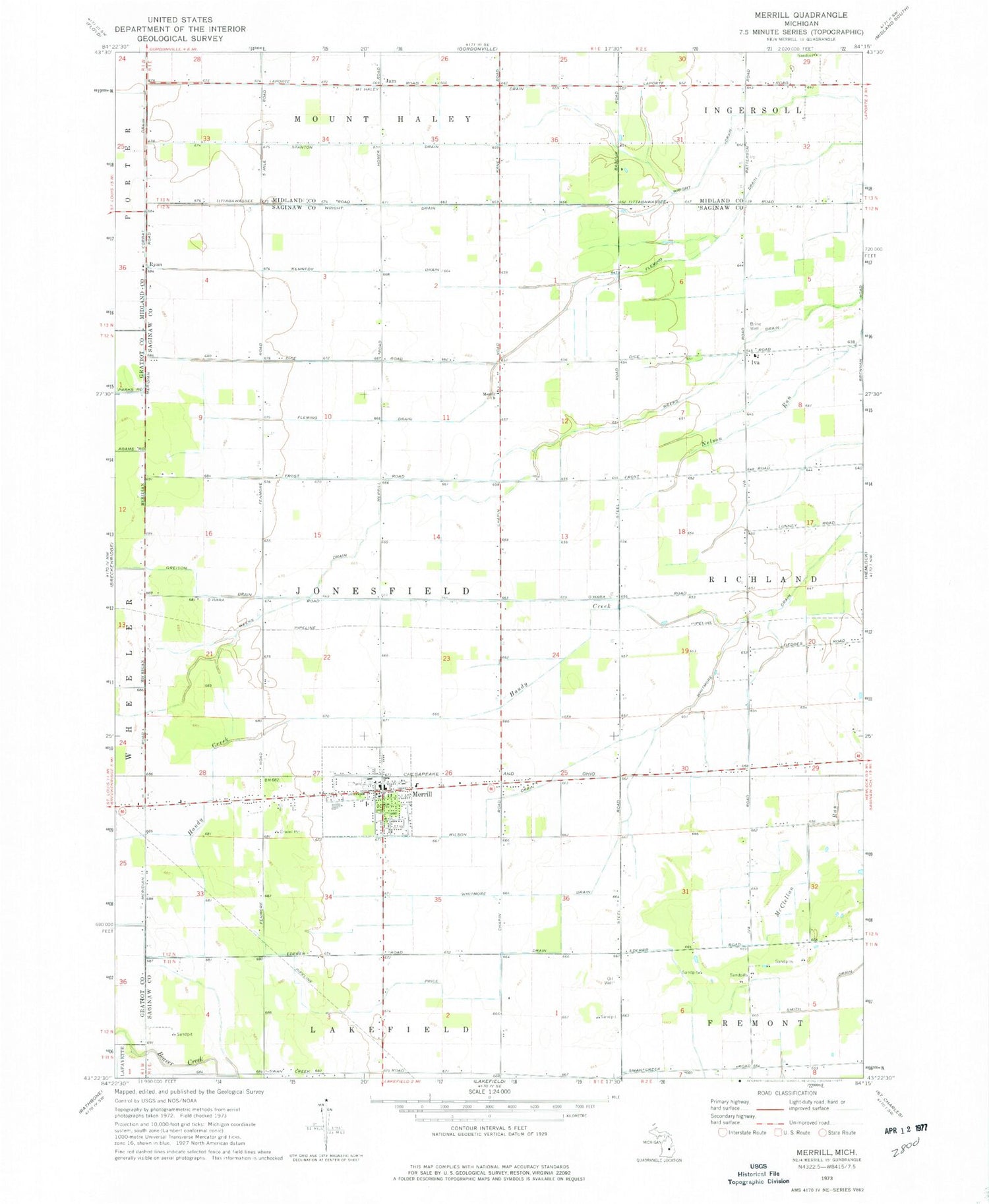 Classic USGS Merrill Michigan 7.5'x7.5' Topo Map Image