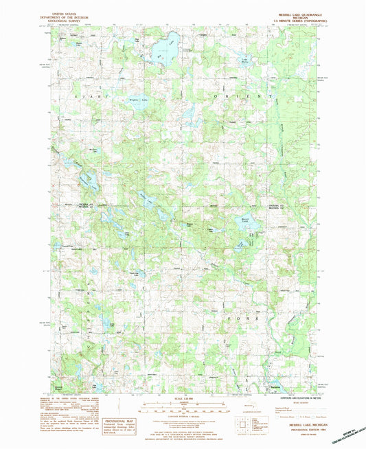 Classic USGS Merrill Lake Michigan 7.5'x7.5' Topo Map Image