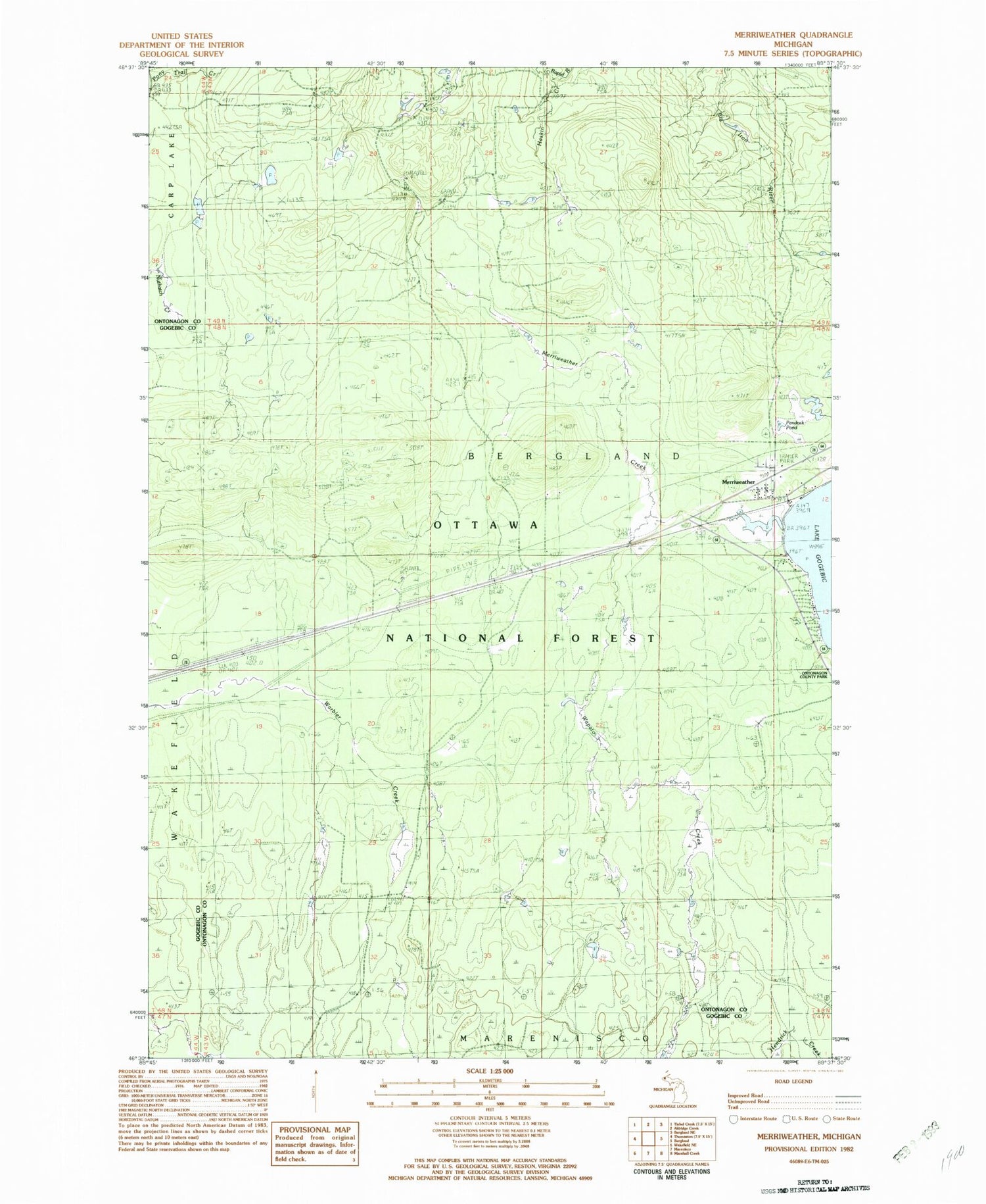 Classic USGS Merriweather Michigan 7.5'x7.5' Topo Map Image
