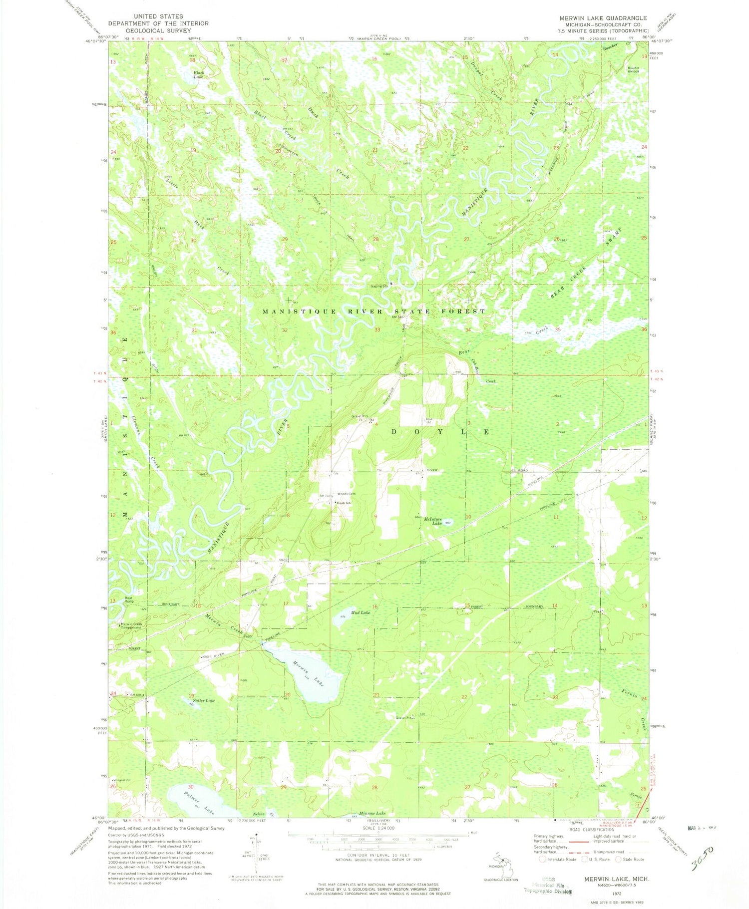 Classic USGS Merwin Lake Michigan 7.5'x7.5' Topo Map Image