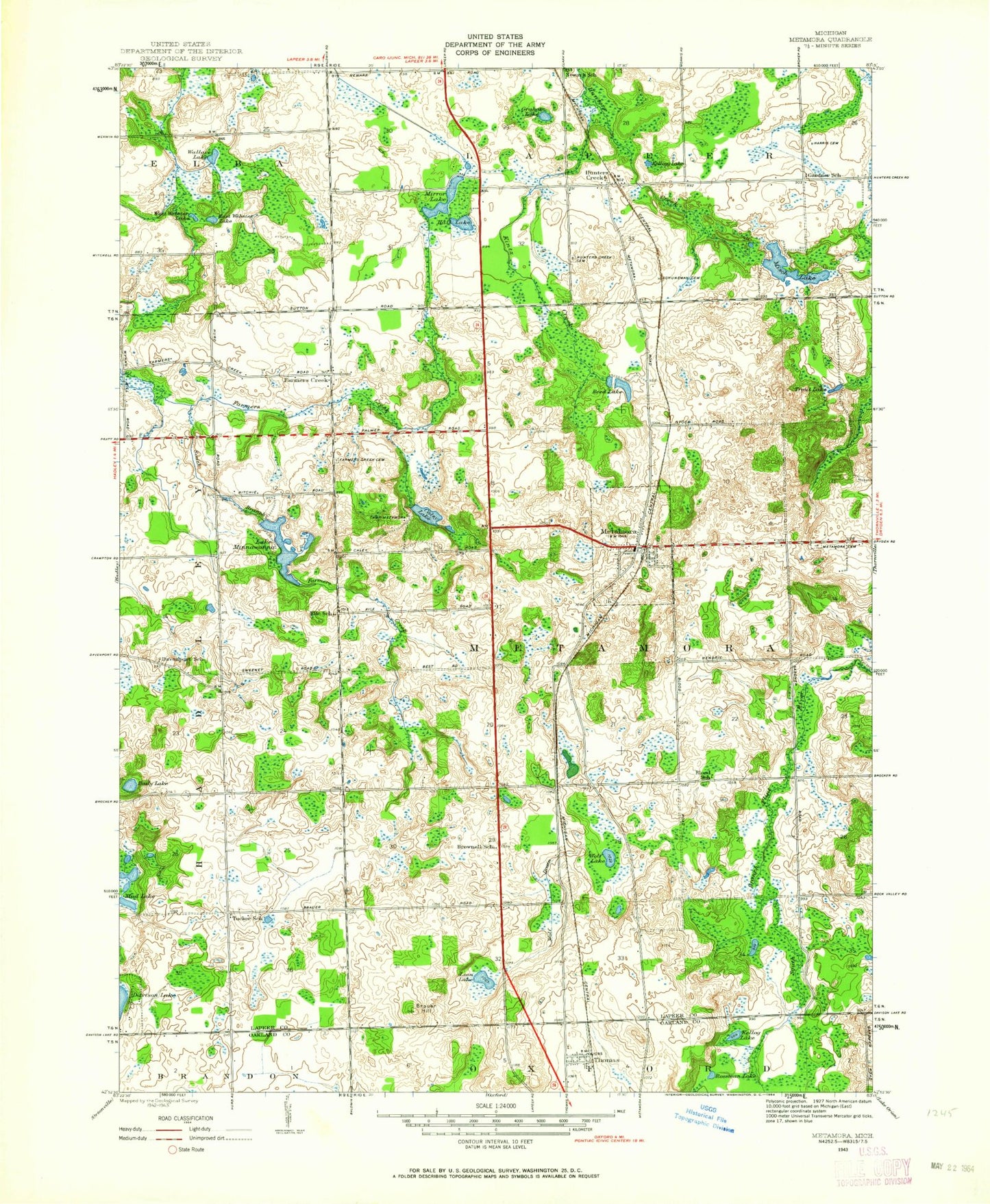 Classic USGS Metamora Michigan 7.5'x7.5' Topo Map Image
