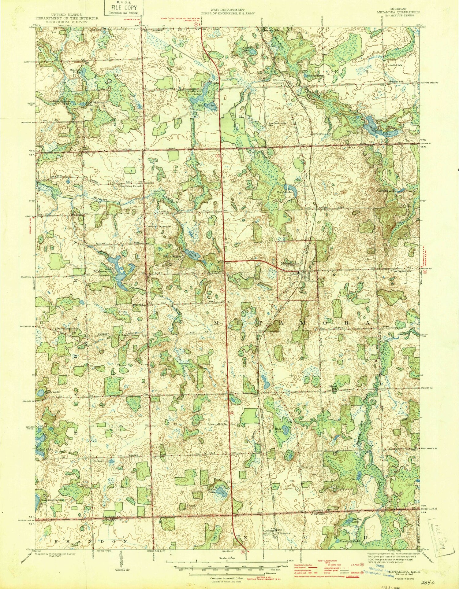 Classic USGS Metamora Michigan 7.5'x7.5' Topo Map Image