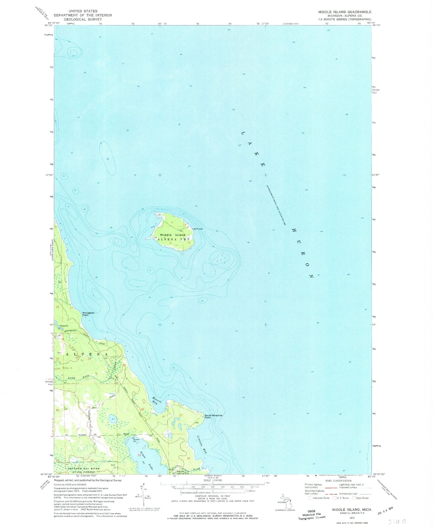 Classic USGS Middle Island Michigan 7.5'x7.5' Topo Map Image