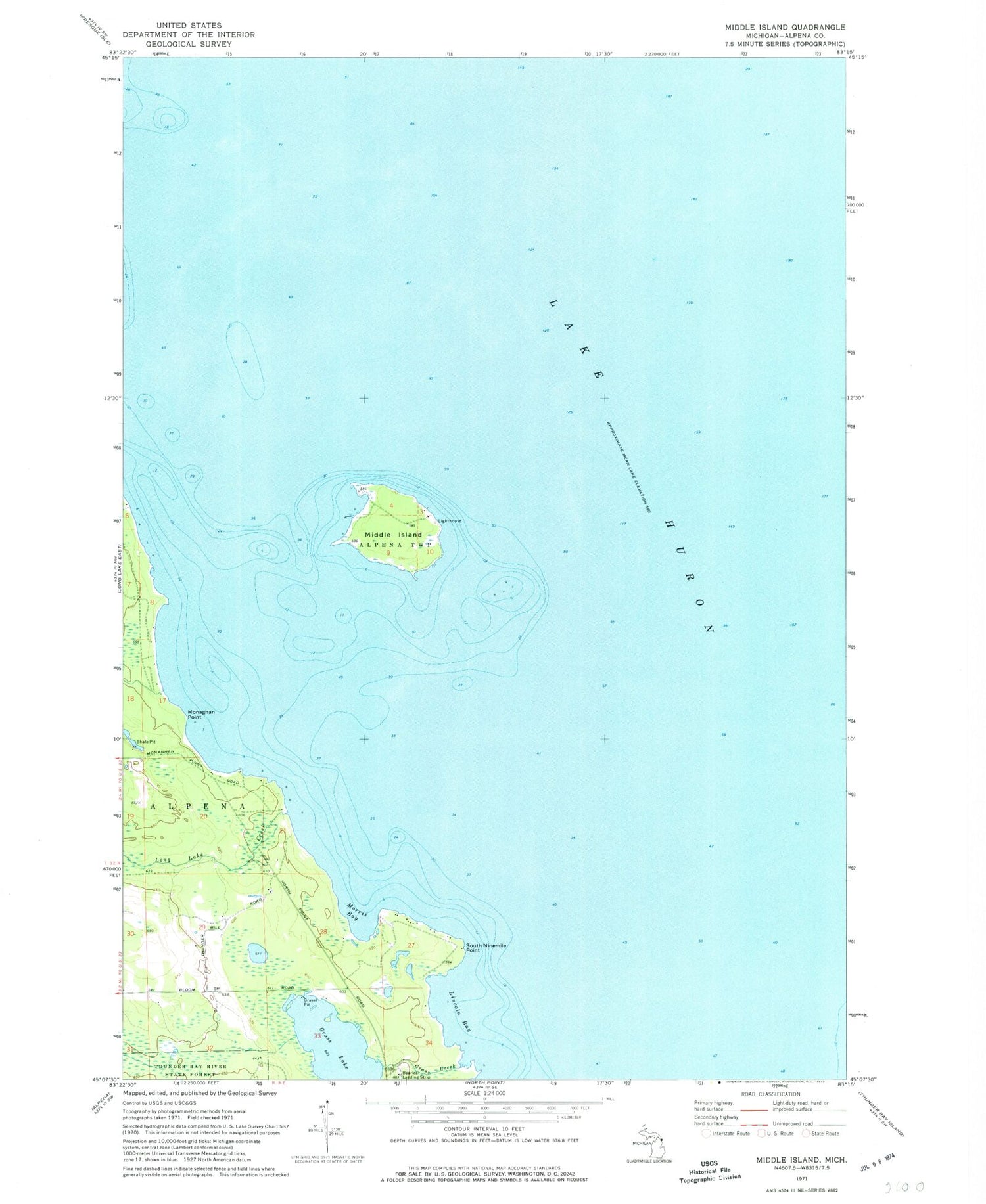 Classic USGS Middle Island Michigan 7.5'x7.5' Topo Map Image