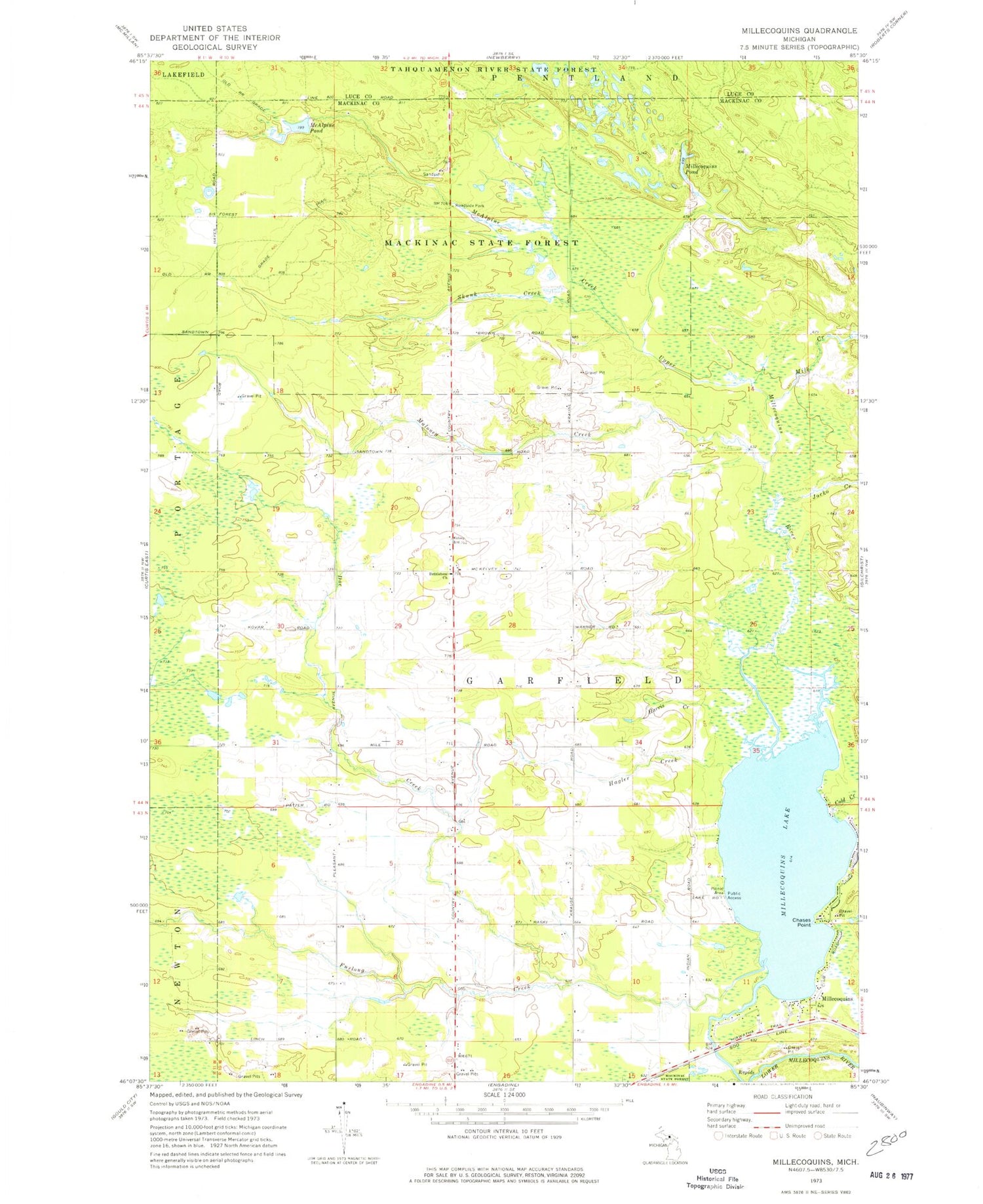 Classic USGS Millecoquins Michigan 7.5'x7.5' Topo Map Image