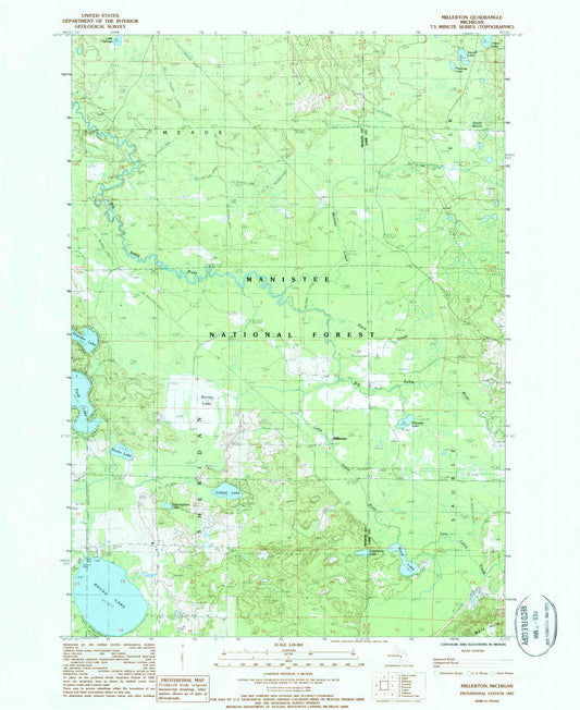 Classic USGS Millerton Michigan 7.5'x7.5' Topo Map Image