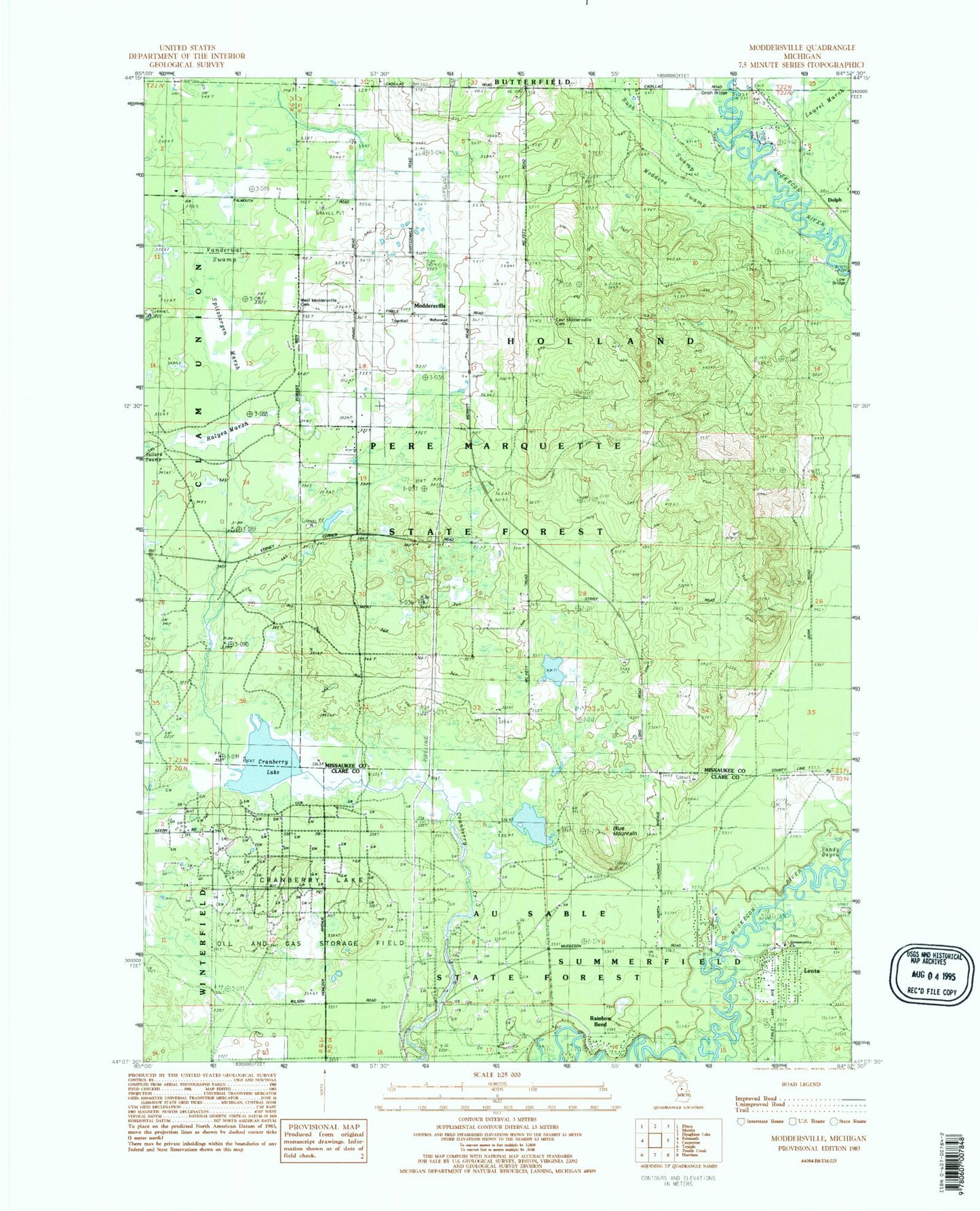 Classic USGS Moddersville Michigan 7.5'x7.5' Topo Map Image