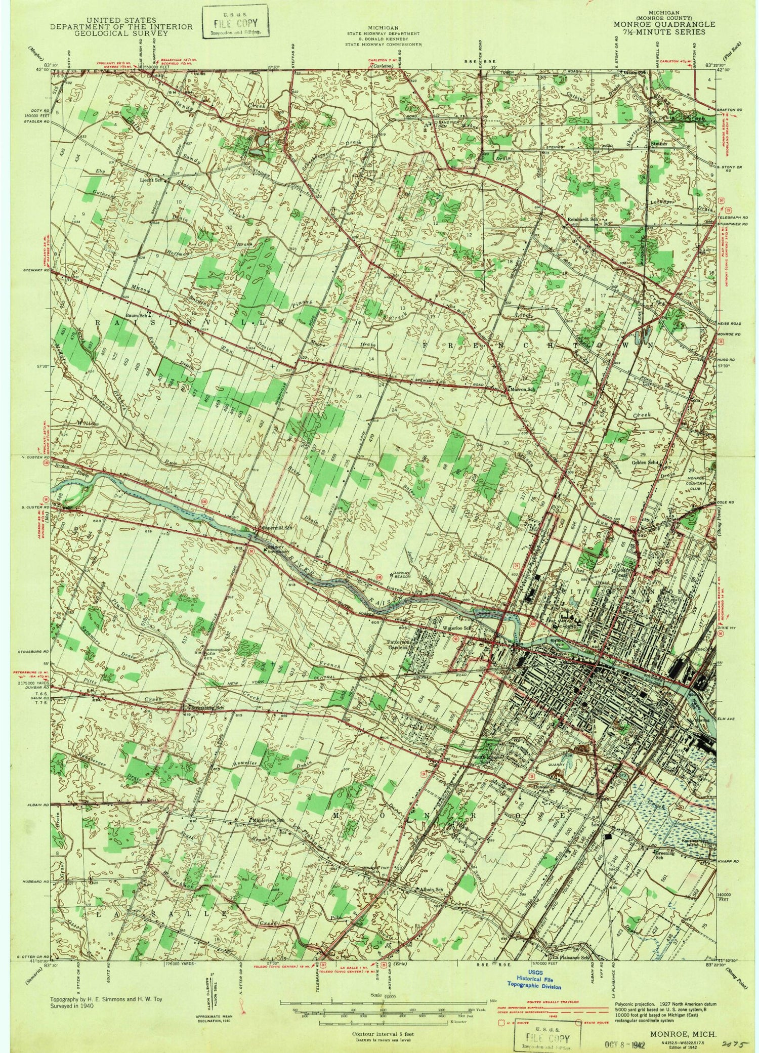 Classic USGS Monroe Michigan 7.5'x7.5' Topo Map Image