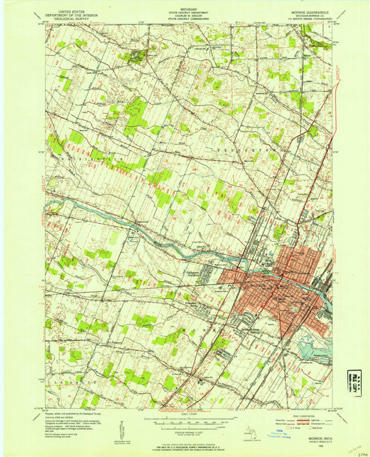 Classic USGS Monroe Michigan 7.5'x7.5' Topo Map Image
