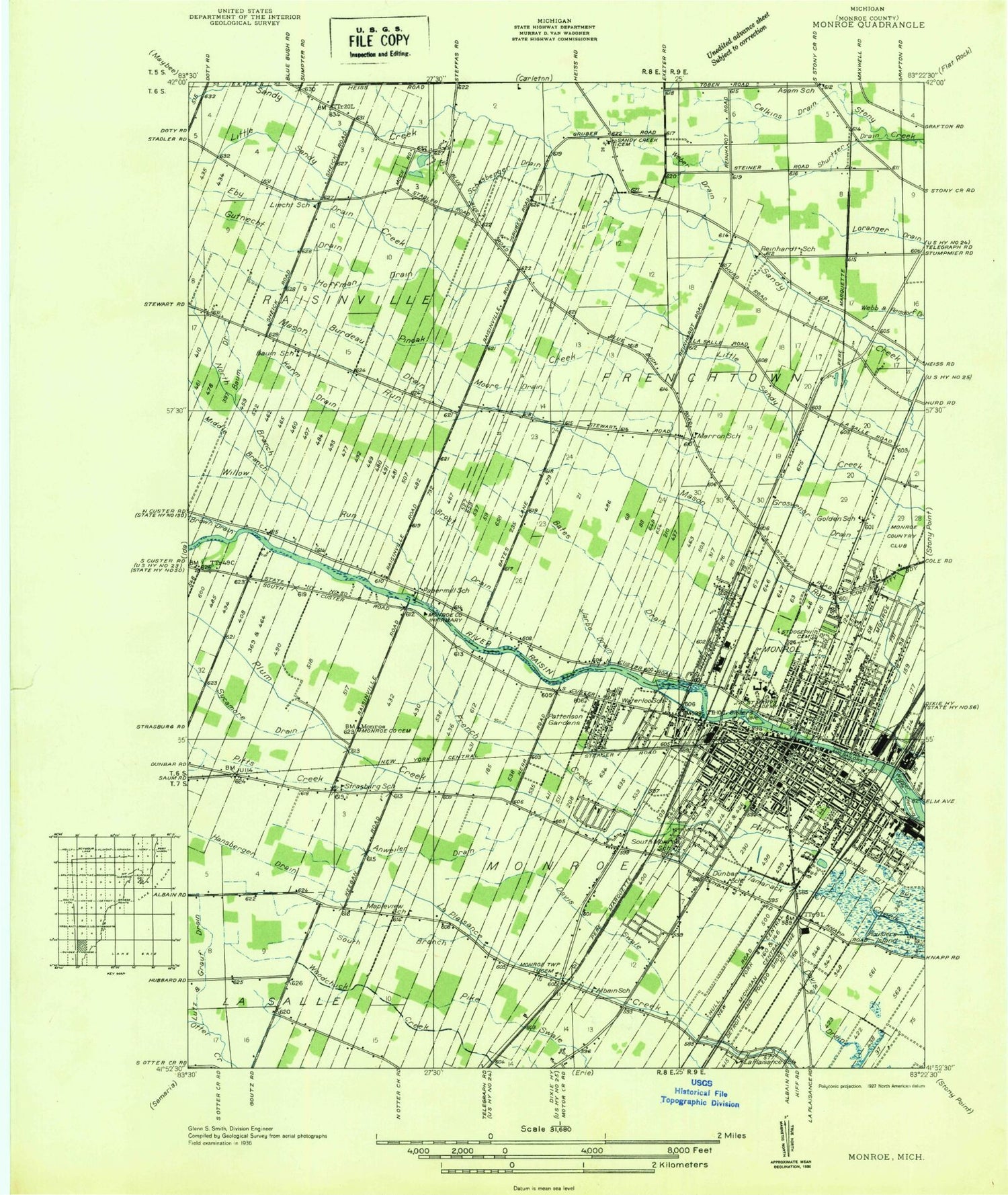 Classic USGS Monroe Michigan 7.5'x7.5' Topo Map Image