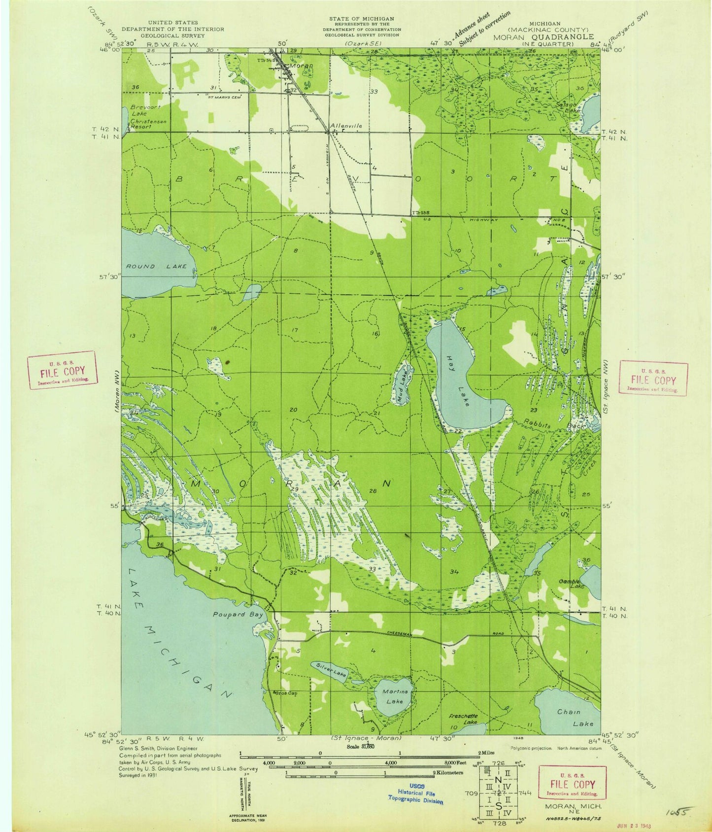 Classic USGS Moran Michigan 7.5'x7.5' Topo Map Image
