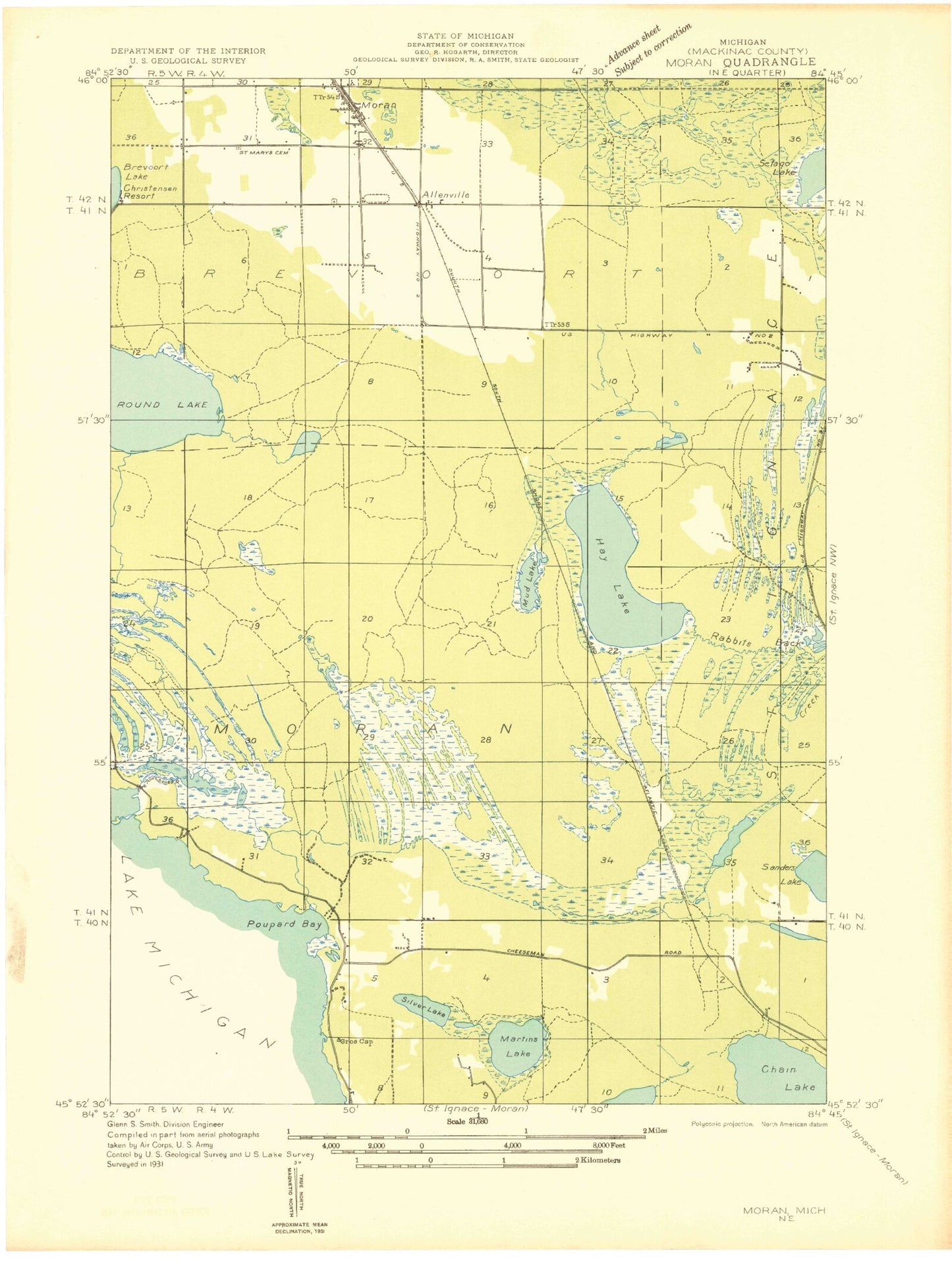 Classic USGS Moran Michigan 7.5'x7.5' Topo Map Image