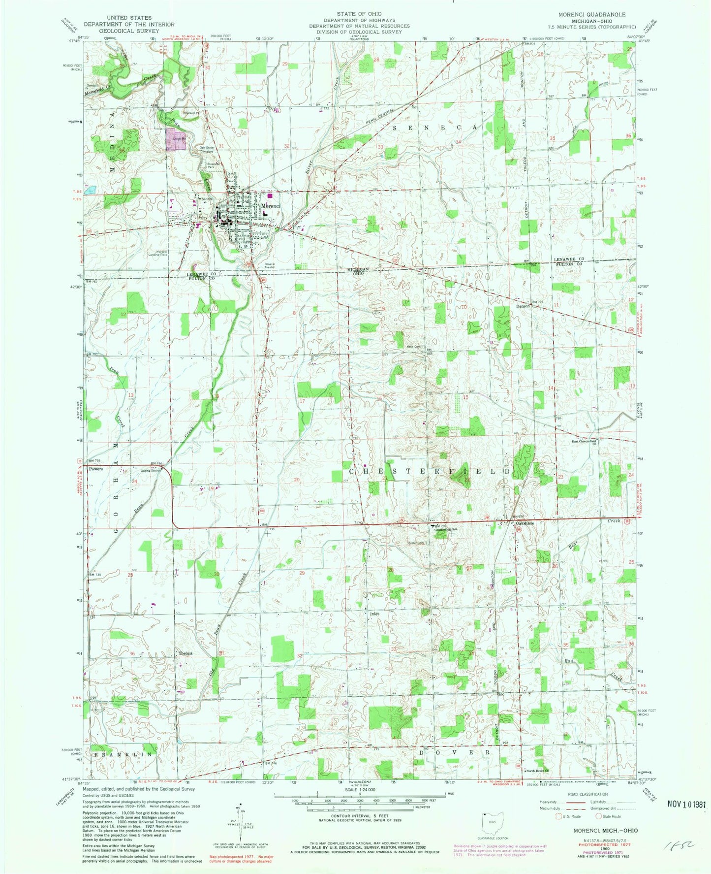 Classic USGS Morenci Michigan 7.5'x7.5' Topo Map Image