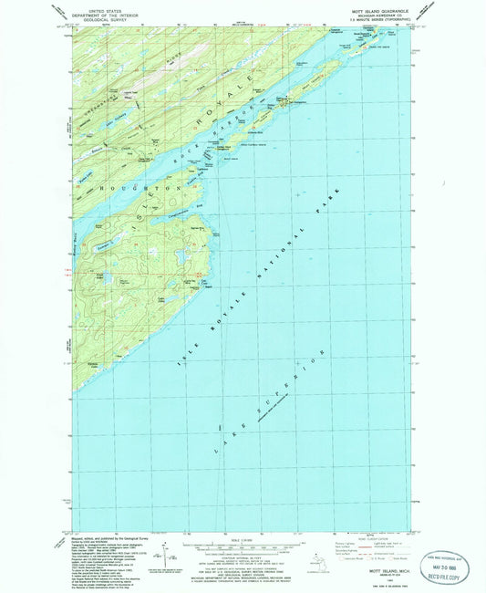 Classic USGS Mott Island Michigan 7.5'x7.5' Topo Map Image