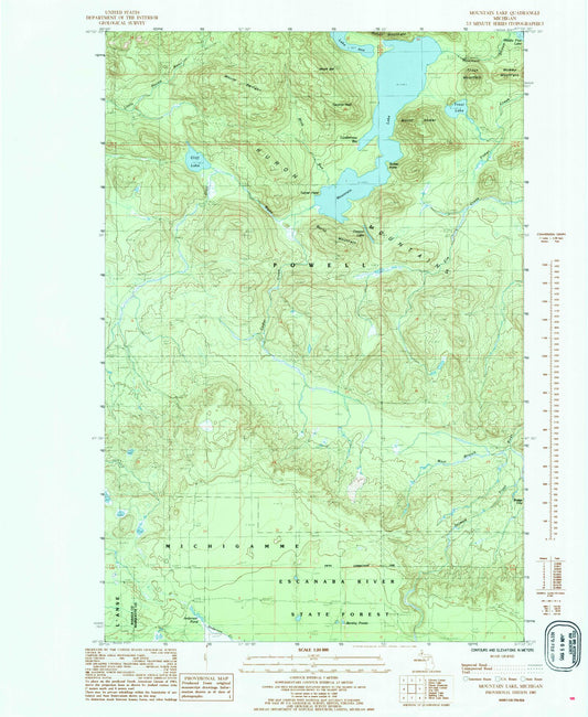 Classic USGS Mountain Lake Michigan 7.5'x7.5' Topo Map Image