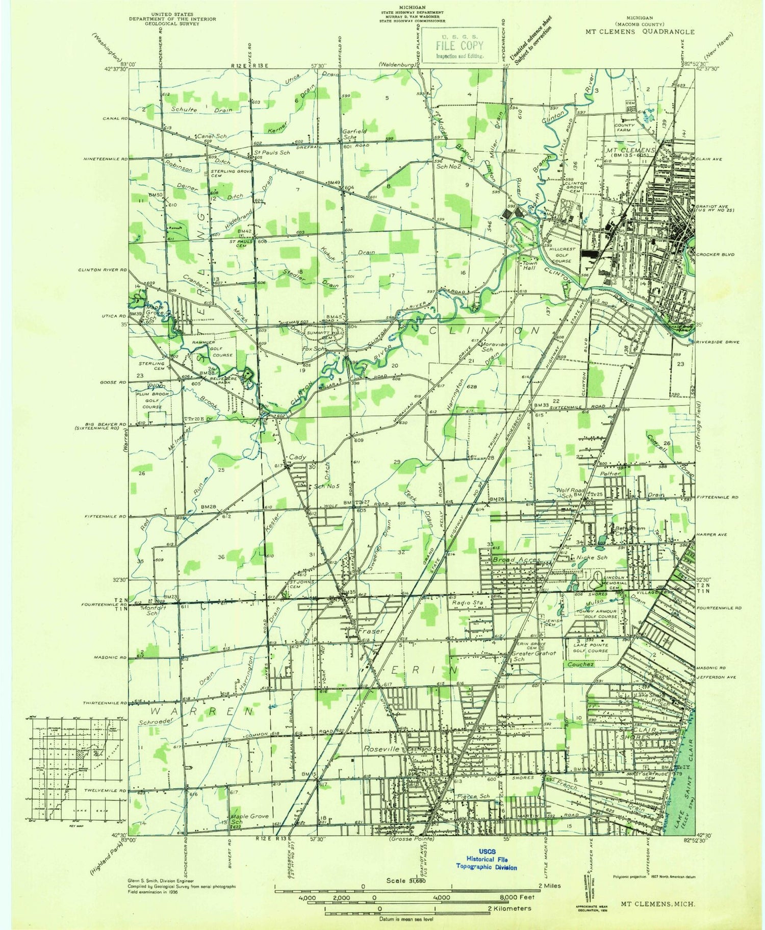 Classic USGS Mount Clemens West Michigan 7.5'x7.5' Topo Map Image