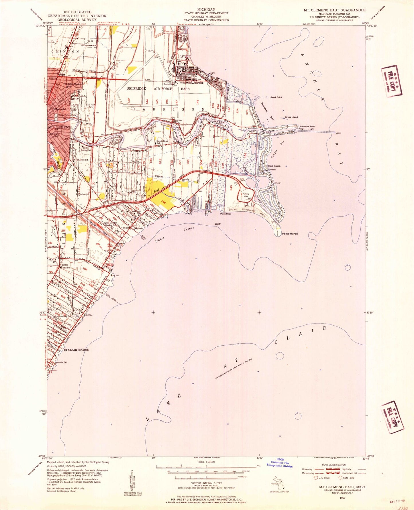 Classic USGS Mount Clemens East Michigan 7.5'x7.5' Topo Map Image
