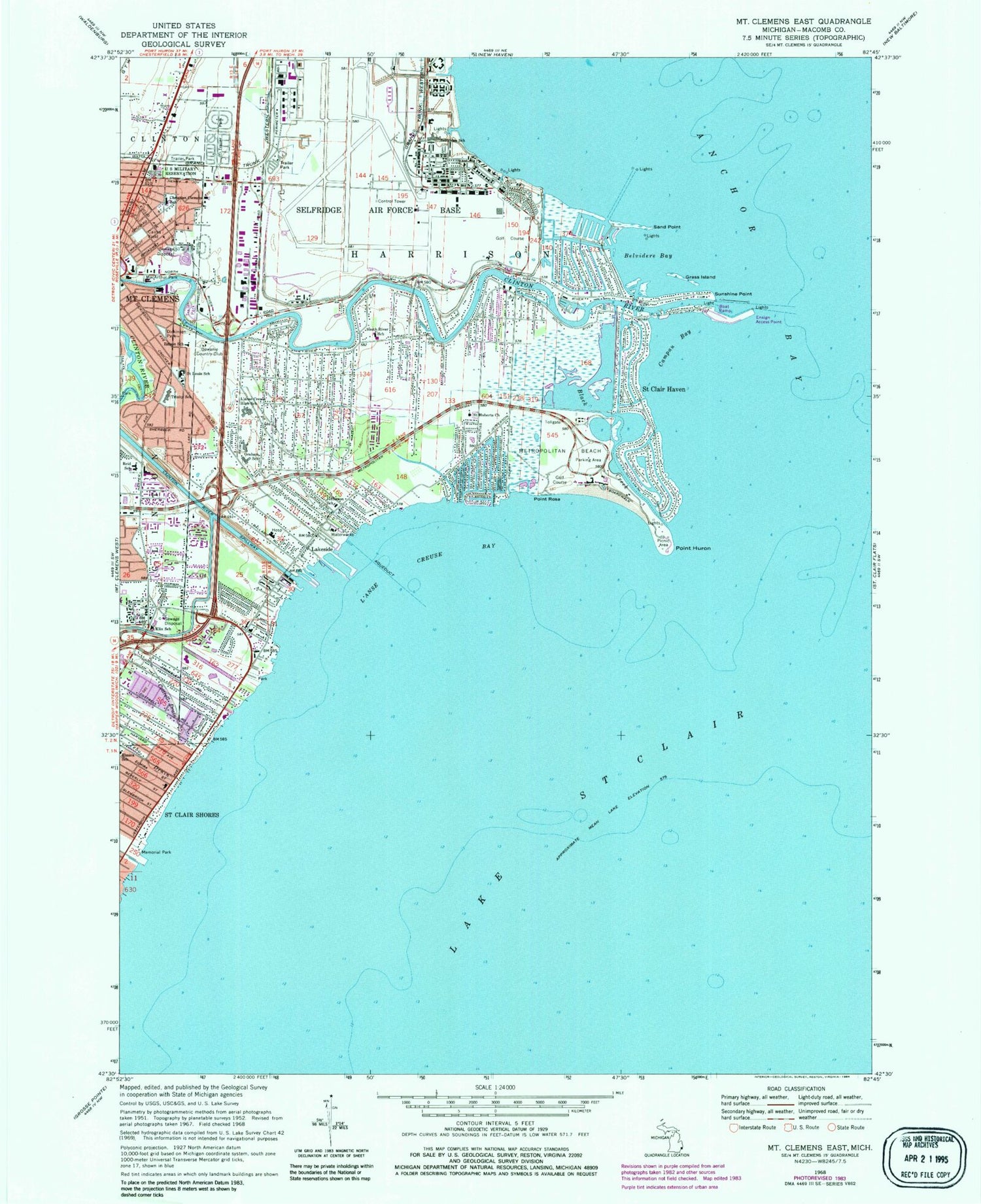 Classic USGS Mount Clemens East Michigan 7.5'x7.5' Topo Map Image