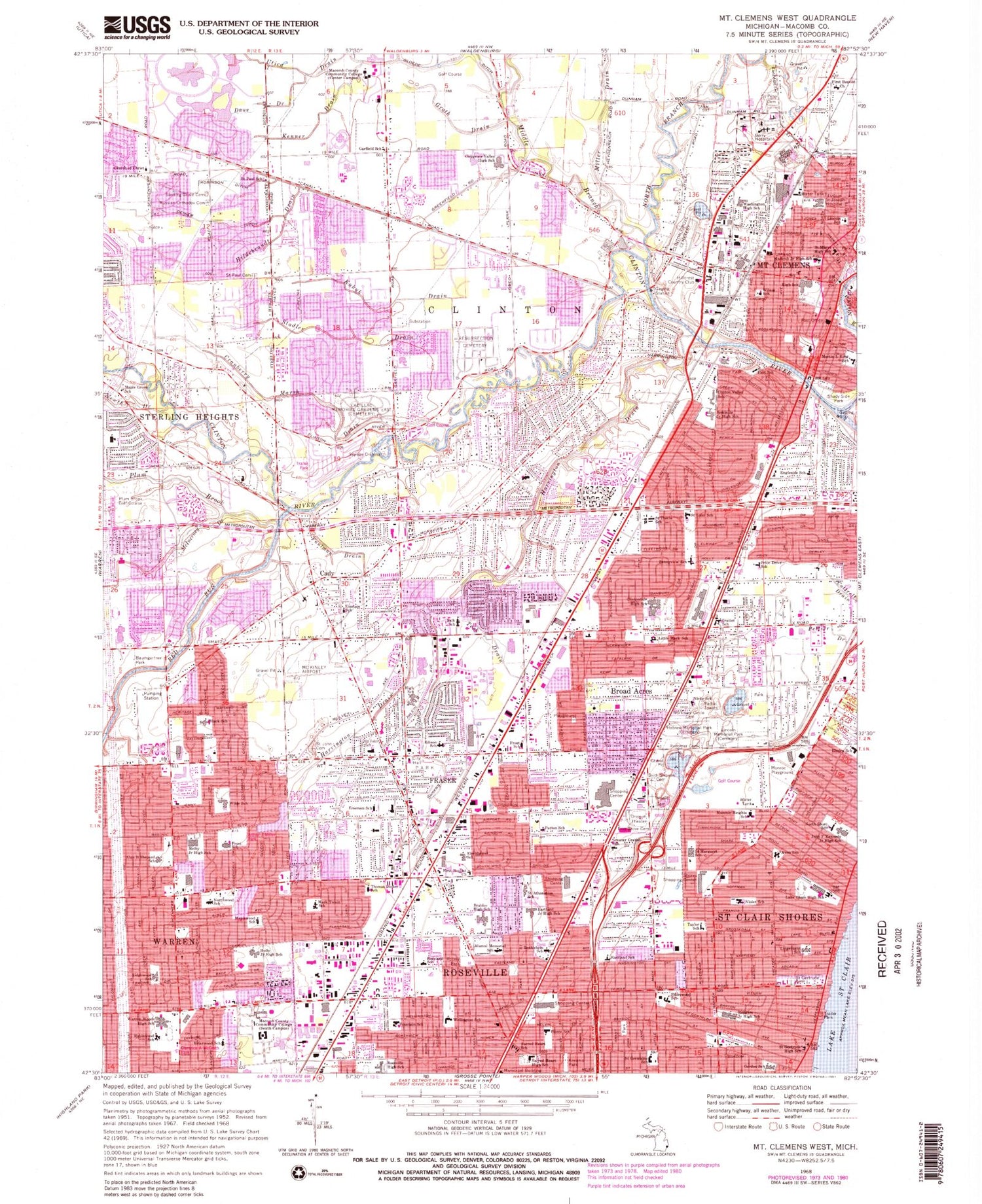 Classic USGS Mount Clemens West Michigan 7.5'x7.5' Topo Map Image