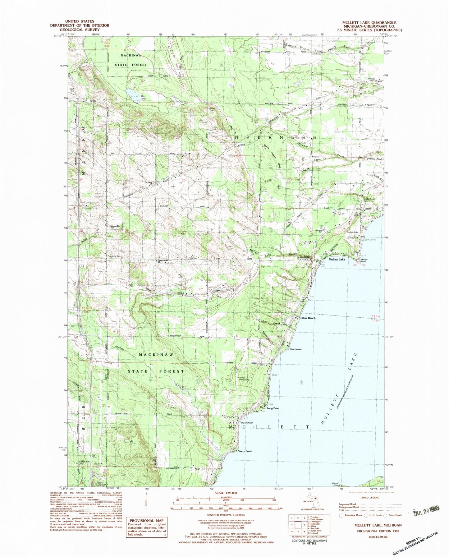 Classic USGS Mullett Lake Michigan 7.5'x7.5' Topo Map Image