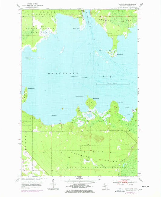 Classic USGS Munuscong Michigan 7.5'x7.5' Topo Map Image