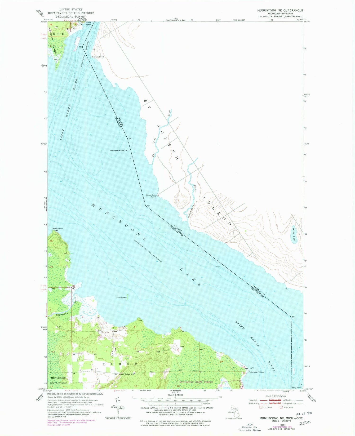 Classic USGS Munuscong NE Michigan 7.5'x7.5' Topo Map Image