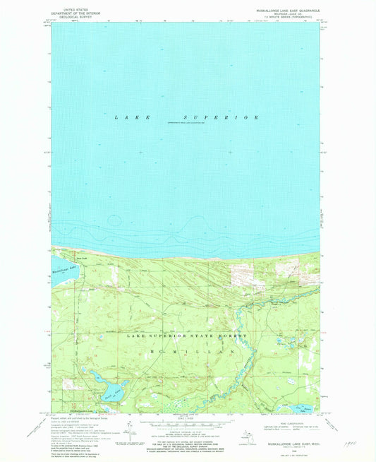 Classic USGS Muskallonge Lake East Michigan 7.5'x7.5' Topo Map Image