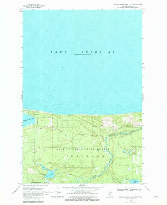 Classic USGS Muskallonge Lake East Michigan 7.5'x7.5' Topo Map Image