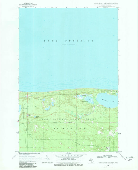 Classic USGS Muskallonge Lake West Michigan 7.5'x7.5' Topo Map Image