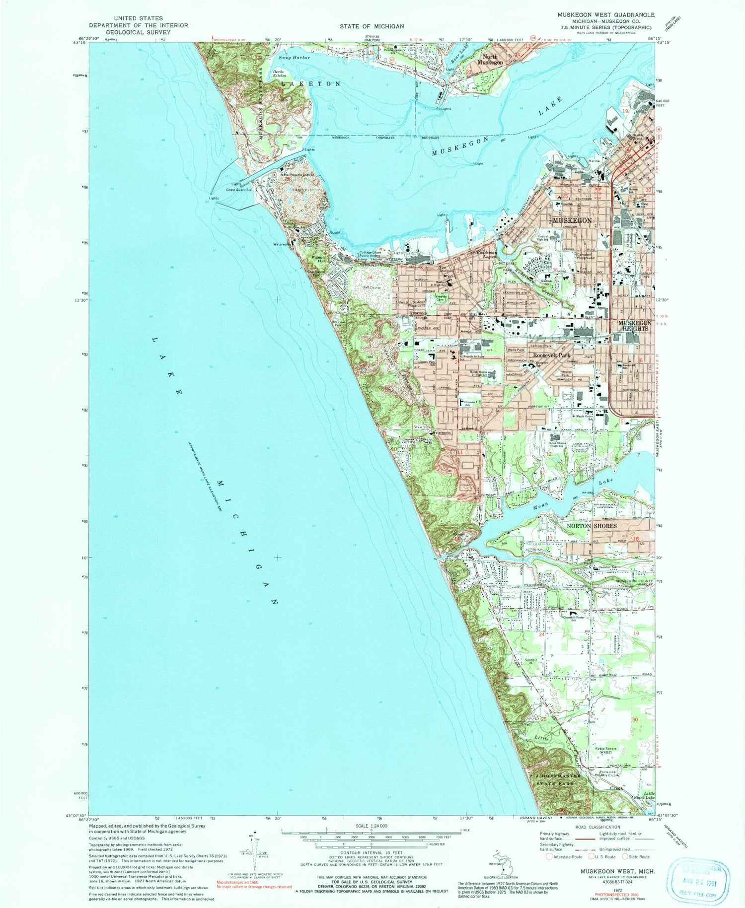 Classic USGS Muskegon West Michigan 7.5'x7.5' Topo Map Image